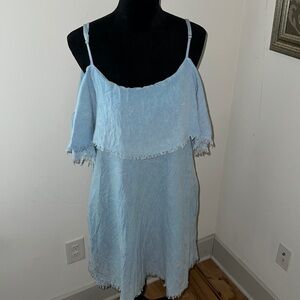 Altar’d State chambray denim Krinkle fabric off the shoulder fringe hem Sz‎ M